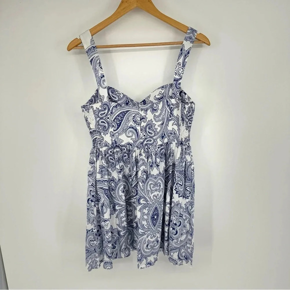 Zara Cotton Linen Cobalt Blue Paisley Classy Old Money Style Bustier Mini Dress - Picture 2 of 4